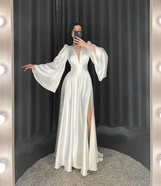 TingPo Wholesale Elegant Fancy A Line V Neckline Long Sleeves White Satin Prom Dresses Evening Dress With Slit